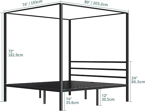 Miniatura 2 de YITAHOME Marco de cama de metal con dosel de cuatro pósteres, plataforma de cama de 14 pulgadas con cabecera incorporada, soporte de colchón de