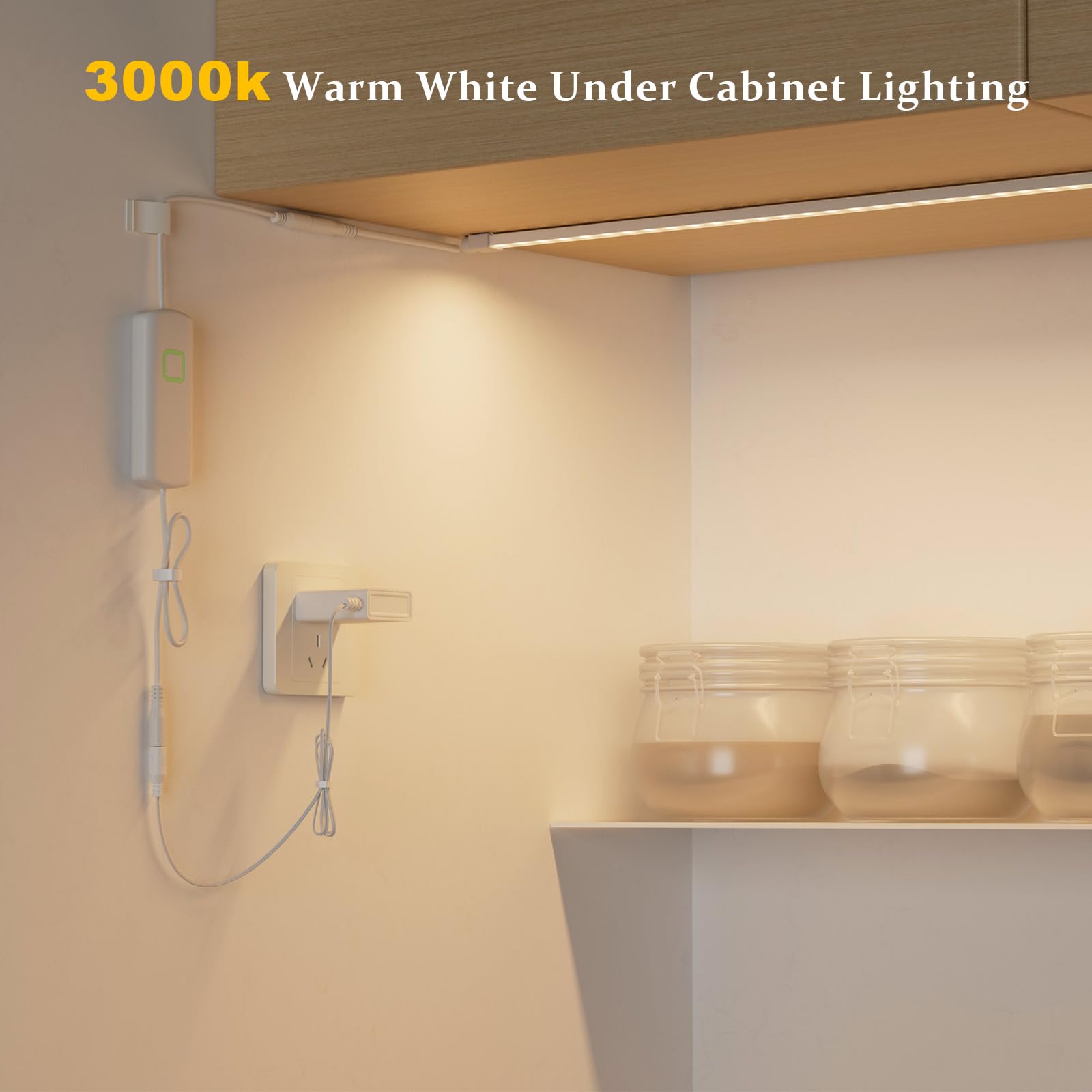 3-Pack 24 inch Under Cabinet Lighting Plug in, Upgrade Undercabinet Lights for Kitchen, Warm White 3000K LED Strip Lights, Under Counter Lights for,Cupboard,Workbench,Desk,Closet,Shelf
