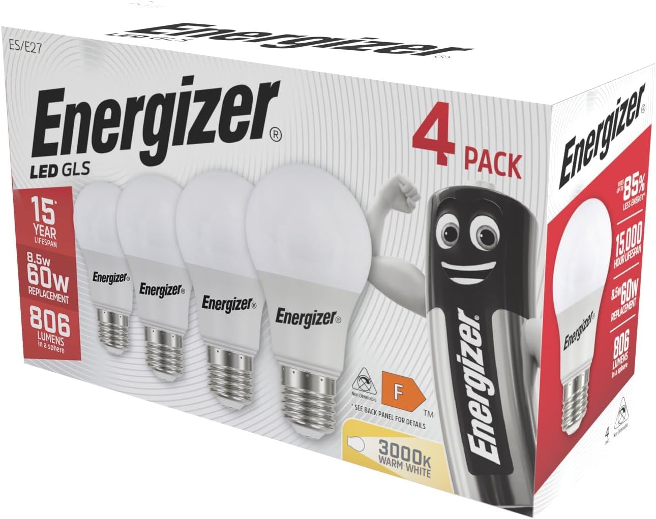 GLS Replacement LED Bulb 4 Pack (Warm White E27, 60W), (ENGS14057)