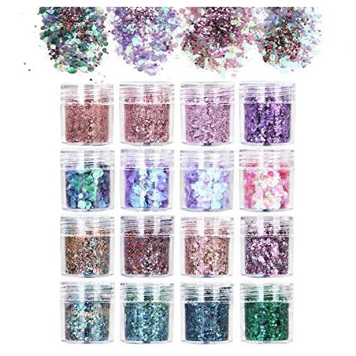 URAQT 16 st Chunky Glitter Skönhet Set för Kroppstjockar och Hår, Festival Och Fest, Ansikte och Naglar Skönhetsmateup, C