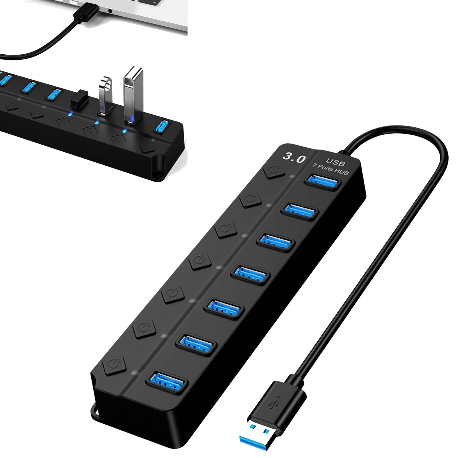 7-Port Powered USB 3.0 Data Hub with Led Individual On/Off, Multiport Adapter with 5gbp Data Ports, USB 3.0 Hub for Laptop,pc Computer,Surface Pro, Flash Drive, Mobile HDD