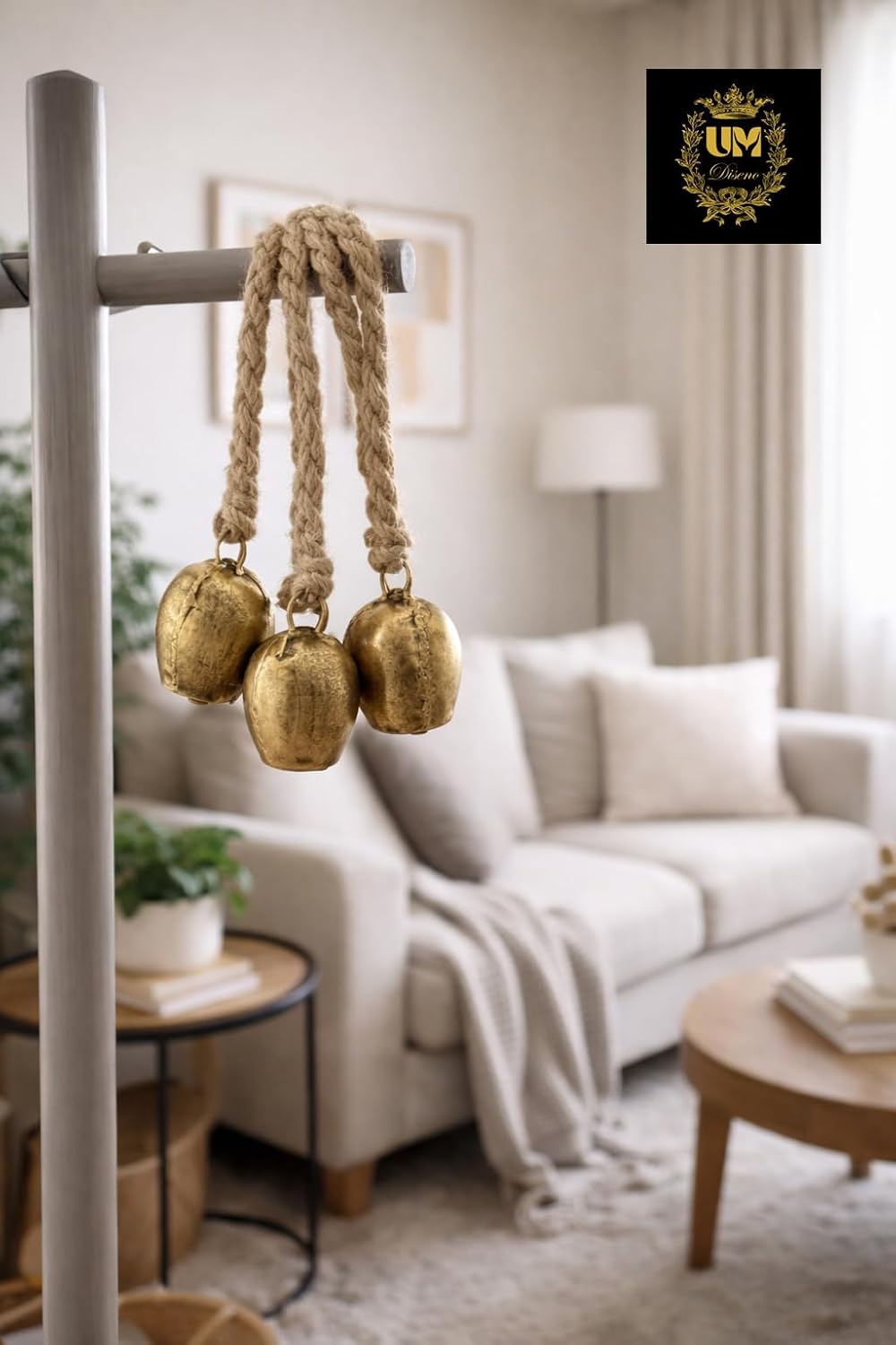 Rustic Antique Metal Decorative Bells with Braided Jute Rope, Vintage Cowbells for Weddings, Christmas Wreaths, Parties, Home Decor, Set of 4