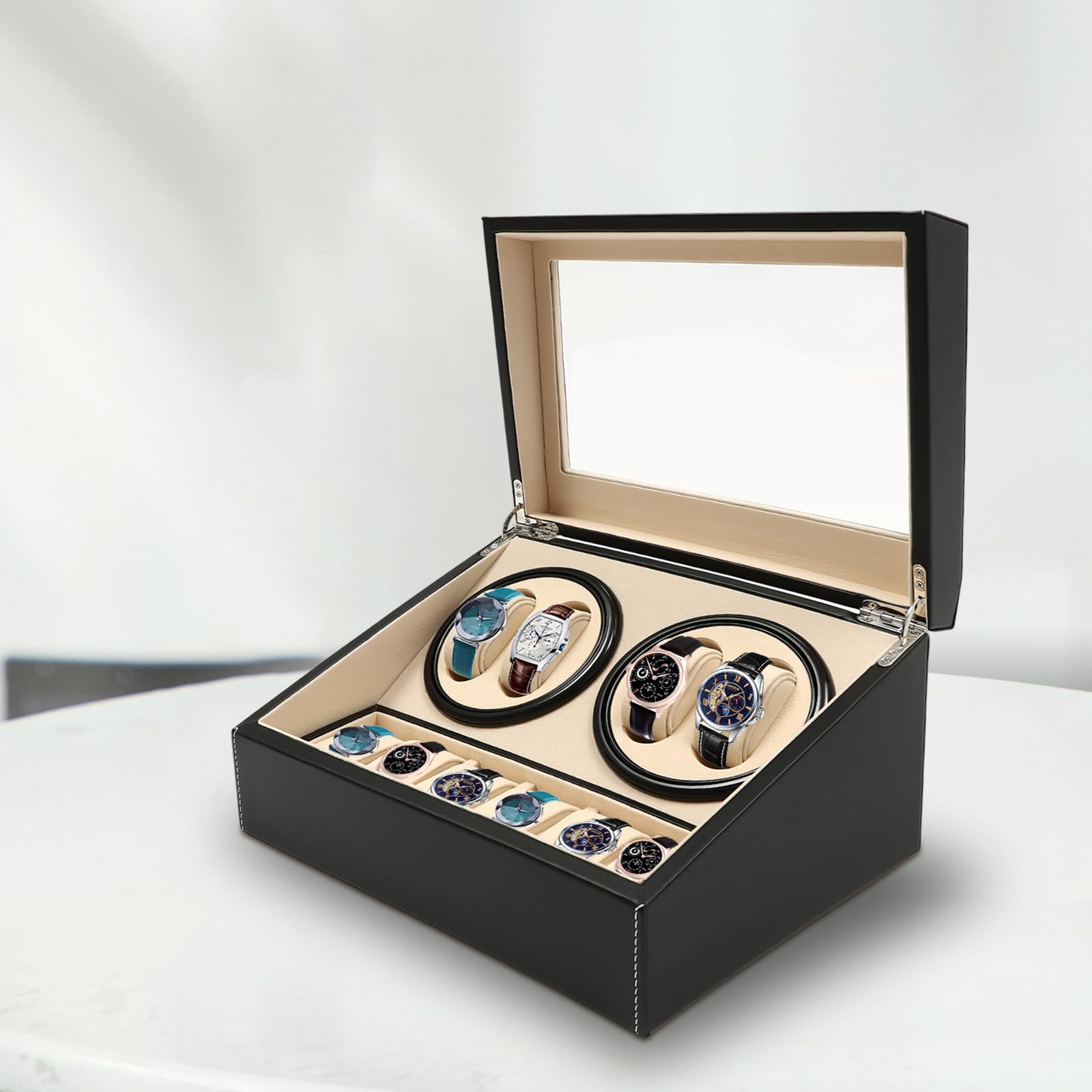 Automatik Uhrenbeweger,Braun Watch Winder,Uhrenständer Uhrendreher Watch Winder Uhrenkasten Luxuriöser Uhrenbeweger, für 4 Automatikuhren + 6 Gitter Uhrenspeichergehäuse