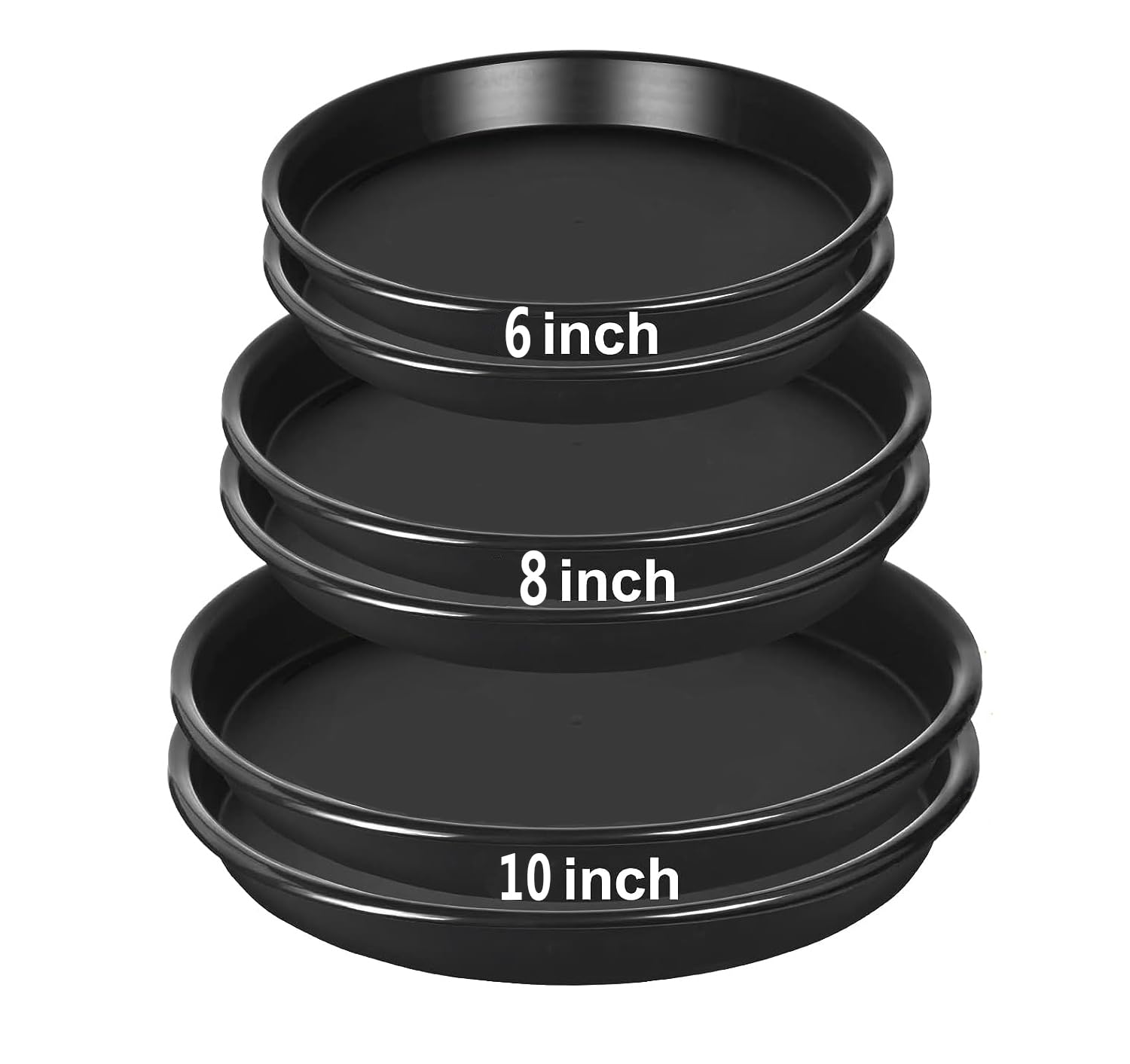 6Pack 6,8,10Inch Plastic Drip Trays Plant Saucers for Indoors Outdoor Plant, Thick Heavy Durable Sturdy Flower Pot Trays for Pots Planter, Black(6+8+10 inch)
