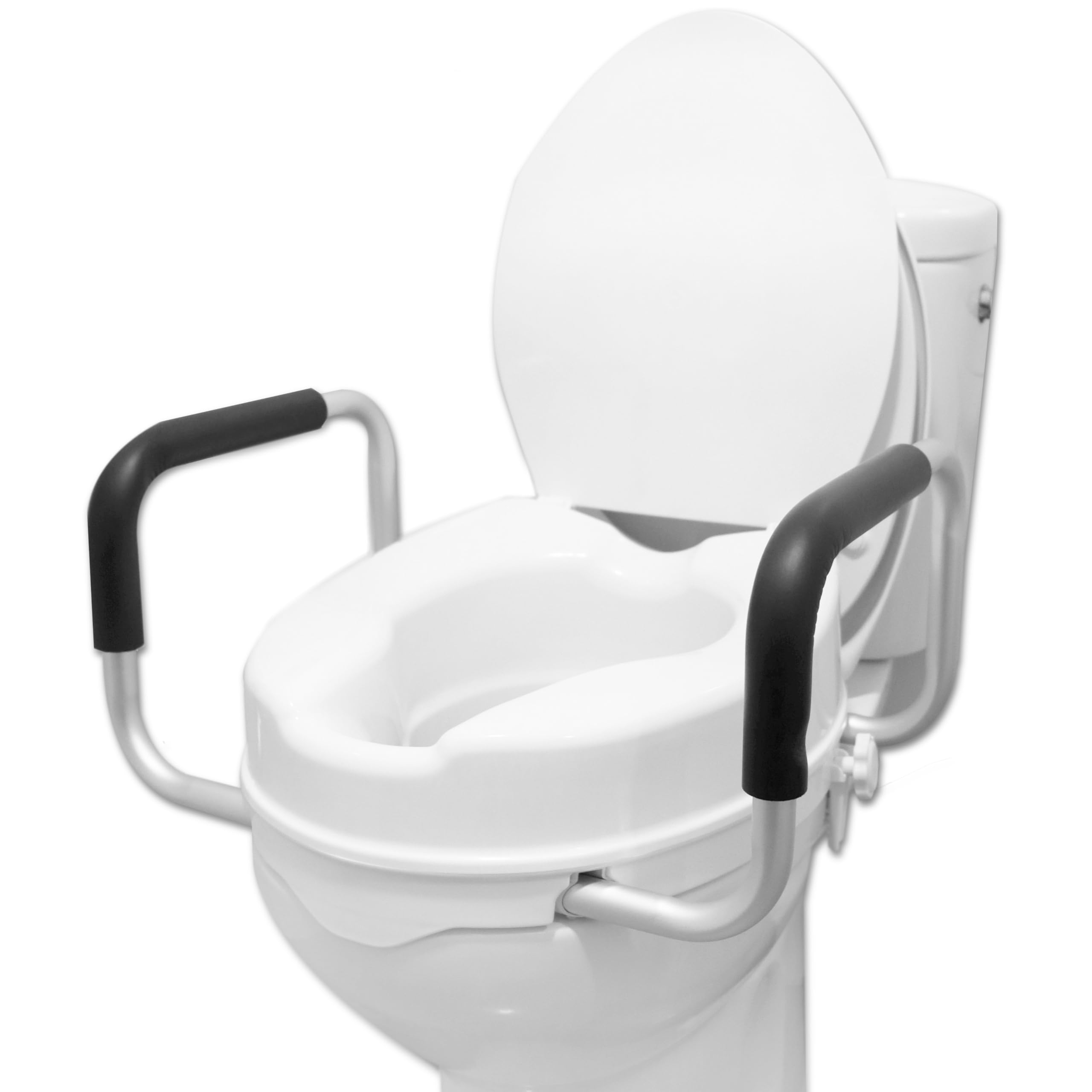 PEPE Mobility Rialzo WC per Anziani con Braccioli e Coperchio (10 cm Altezza), Alzawater per Protesi Anca, Rialzo per WC Disabili, Universale, Bianco