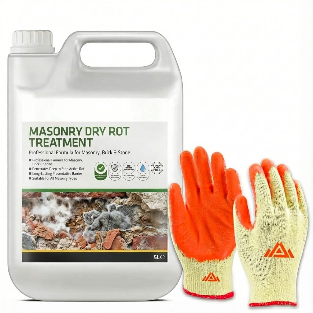 Dry Rot Fungicide Solution for Masonry, Brickwork & Wood 5L Anti-Fungal Treatment Woodworm Treatment With Perfectonish Gloves