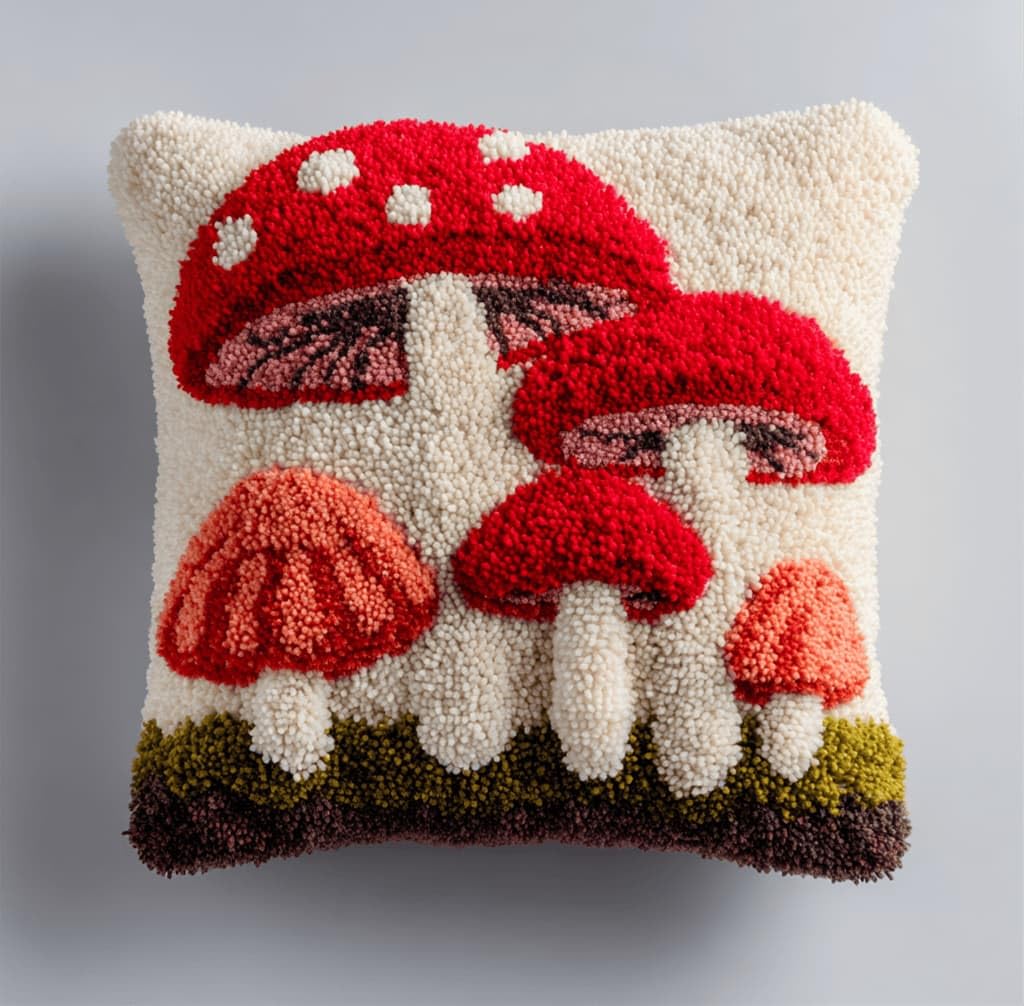 Kitquiver Latch Hook Cushion Kits Mushrooms 43X43Cm Latch Hook Pillow Case Kits Embroidery,DIY Needlework Pillow Cover Sofa Cushion Rug Making for Adults and Beginner,Craft Home Decor