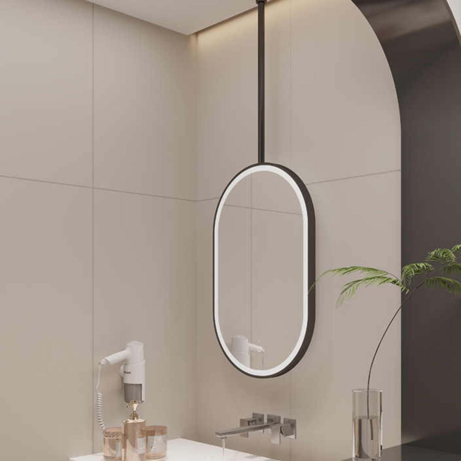CGCSYZ Oval metal ceiling mounted mirror LED mirror, vanity shaving makeup mirror (Black 40x80cm)