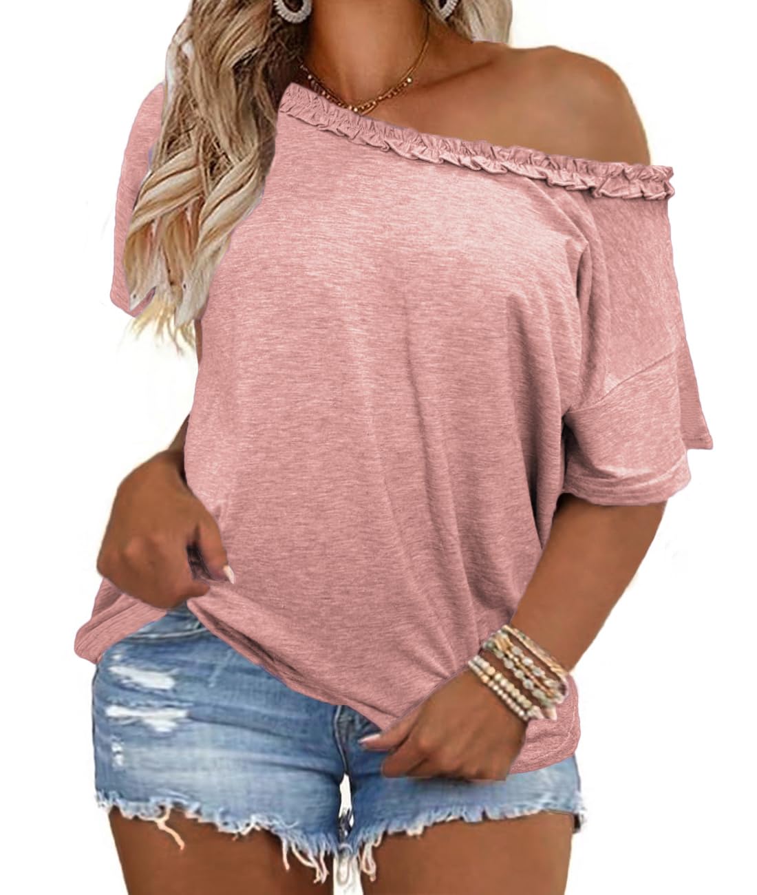 Womens Plus-Size T-Shirt Short Sleeve Summer Tops One-Shoulder Loose Shirts (1X-5X)