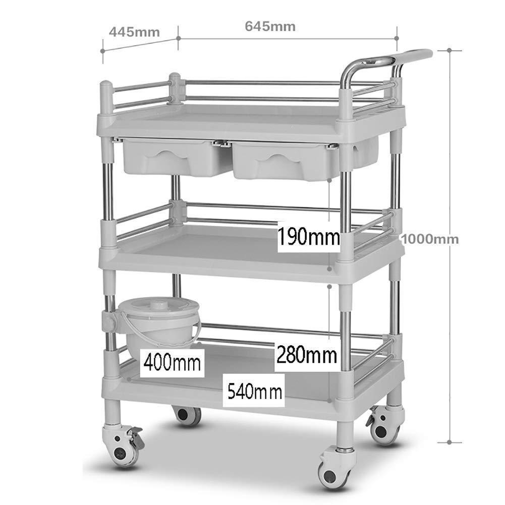 Carros Móviles, Carro de la Sirviendo de Hogares de 3-Estante de 3 Estantes con 2 Cajones de Abs, Laboratorio de Spa de Belleza con Ruedas de Freno Cubo de Suciedad/Blue/64 * 44 * 100Cm
