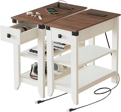 Fameill Mesas auxiliares para sala de estar, juego de 2, mesa auxiliar estrecha con estación de carga, mesita de noche pequeña para espacios
