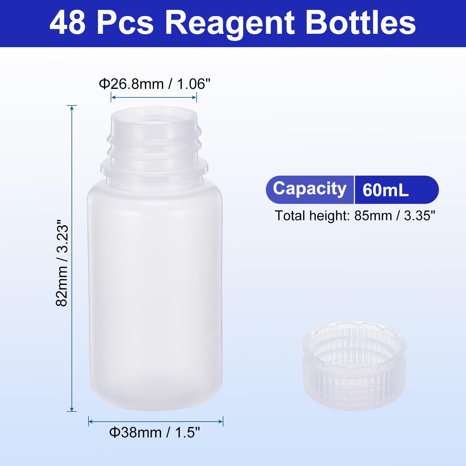 PATIKIL 48 Botellas de Reactivo de 60 ml, Boca Ancha de PP con Tapa de Rosca para Almacenamiento de Reactivos Líquidos y Muestras Sólidas en Laboratorio, Blanco Translúcido
