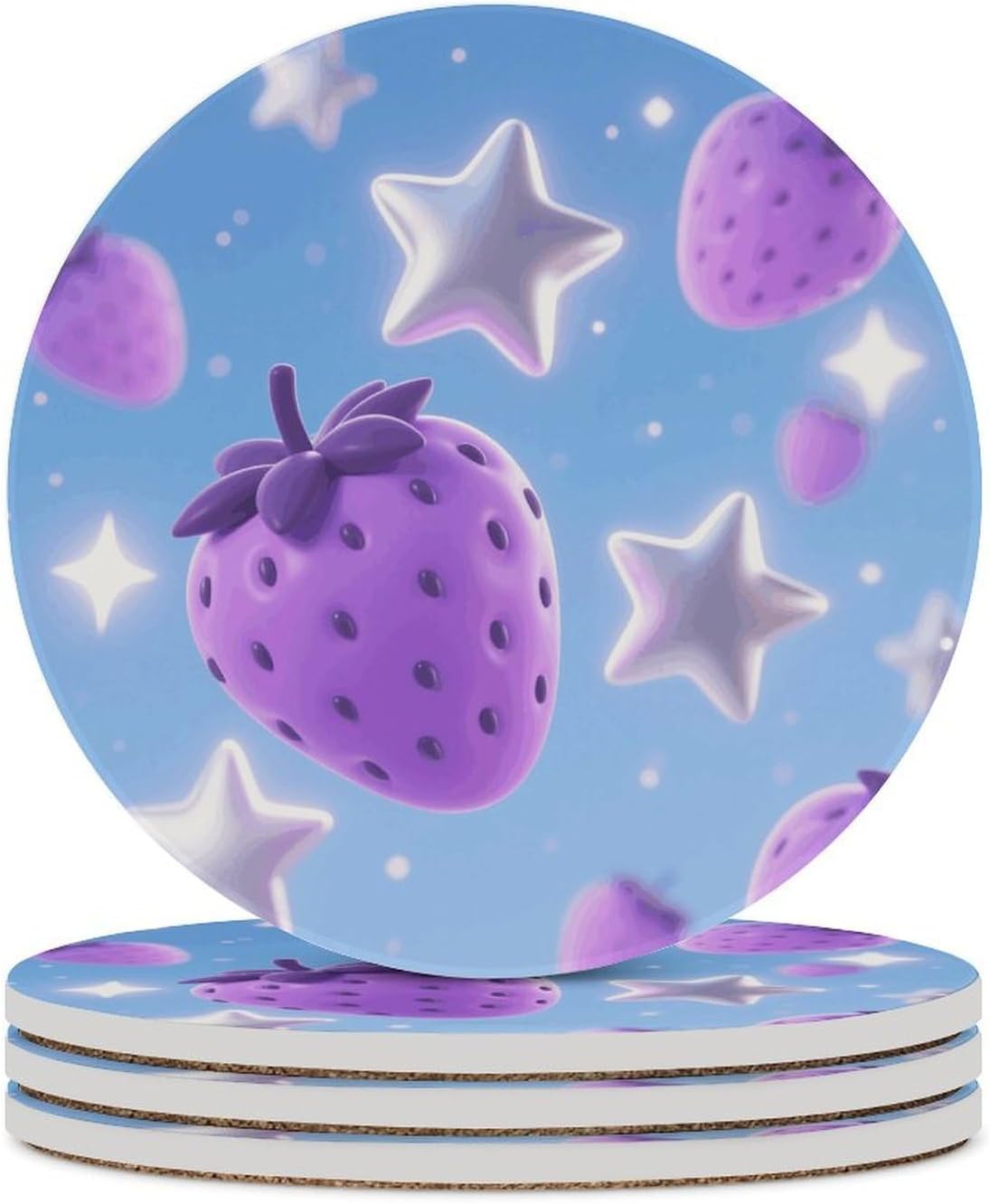 6PCS Stars and Purple Strawberries Coasters Non-Slip Round Drink Coasters with Ceramic Stone and Cork Base, Heat Resistant Absorbent 33.00Stone Coaster Set for Kinds of Mugs and Cups, 4 Inch