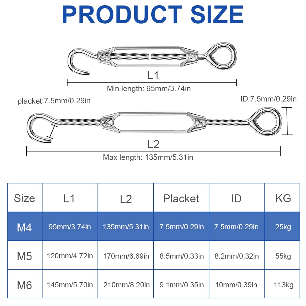 Tensores de Alambre M4 de Acero Inoxidable 304, Heavy Duty Ajustables para Cables, Toldos y Jardín - 6 Piezas