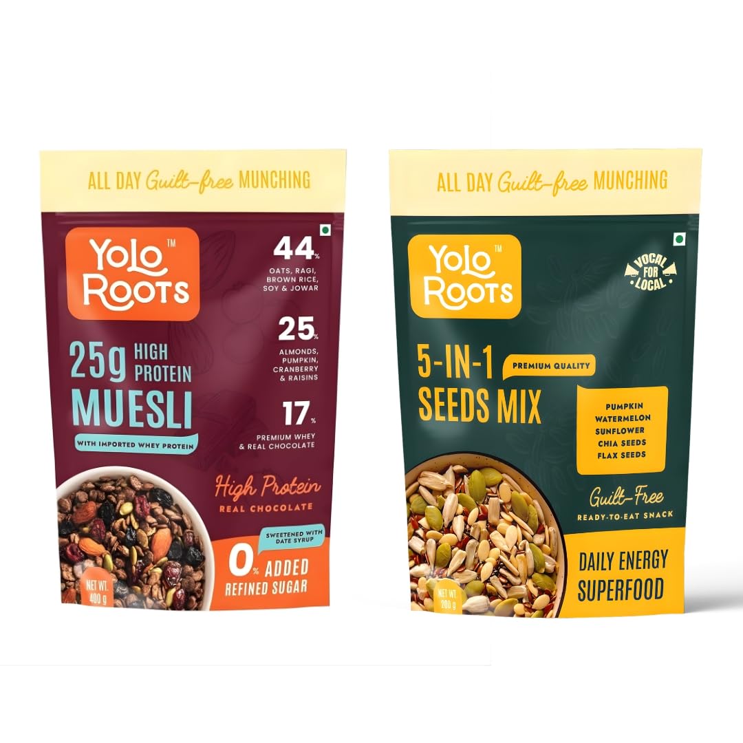 Yolo Roots 5-in-1 Seed Mix 200g + Whey Dark Chocolate Muesli 400g Combo | Super Seeds & 17% Whey Protein | No Added Sugar Pack of 2