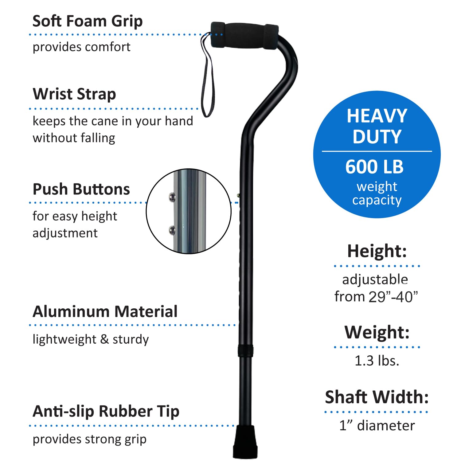 Sky Med Bastón bariátrico ligero de aluminio resistente, capacidad de peso de 600 libras, para mujeres y hombres, 1.3 libras. Peso del producto, agarre suave, correa de transporte, mango compensado