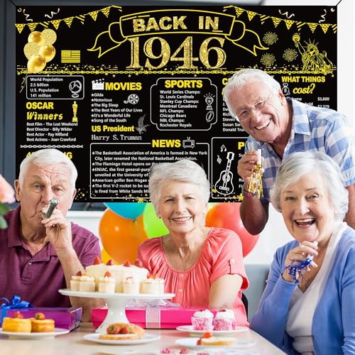 Image of DARUNAXY 80th Birthday Black Gold Party Decoration, Back in 1946 Banner 80 Year Old Birthday Party Poster Supplies Vintage 1946 Backdrop Photography Background for Men & Women 80th Class Reunion Decor