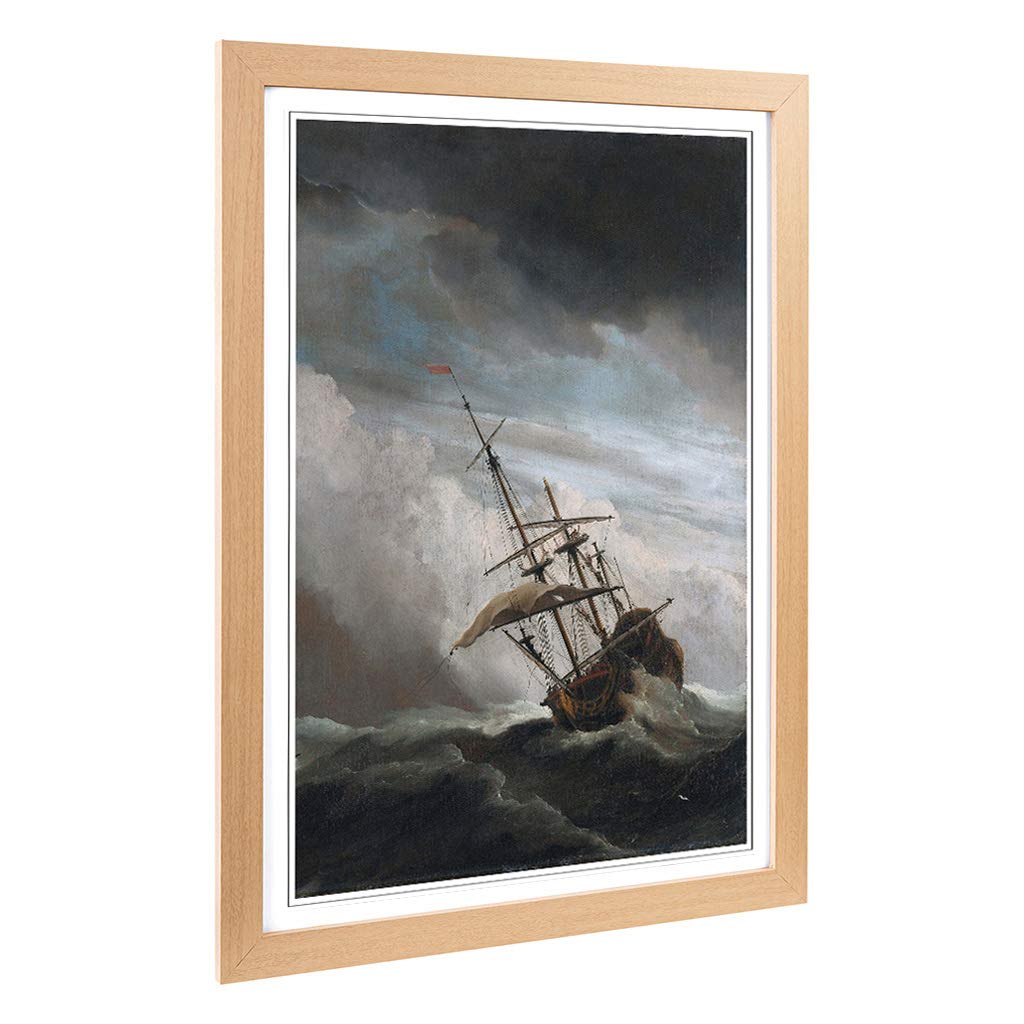 Big Box Art Framed Print of Willem Van de Velde The Younger Raging Storm Ship Design | Wall Art Picture| Home Decor for Kitchen, Living Room, Bedroom, Hallway, Oak, A2 / 24.5x18 Inch / 62x45cm