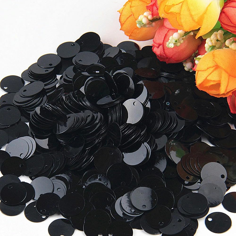 Glitter per artigianato e cucito, glitter piatti rotondi da 50 g, 10 mm, 15 mm, 20 mm, 25 mm, 30 mm, per cucito, matrimonio, tempo libero creativo (nero, 15 mm50 g600 pezzi)