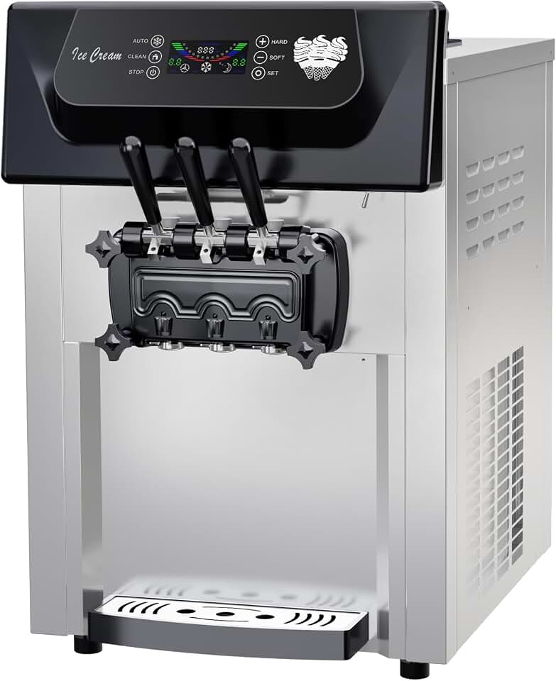 Commercial Soft Serve Ice Cream Machine, 2200W 3 Flavor Soft Serve Maker with LCD Touch Screen, 5.3-7.4 Gal/Hr High Output Stainless Steel Countertop Ice Cream Maker for Restaurants, Snack Bars, Cafes