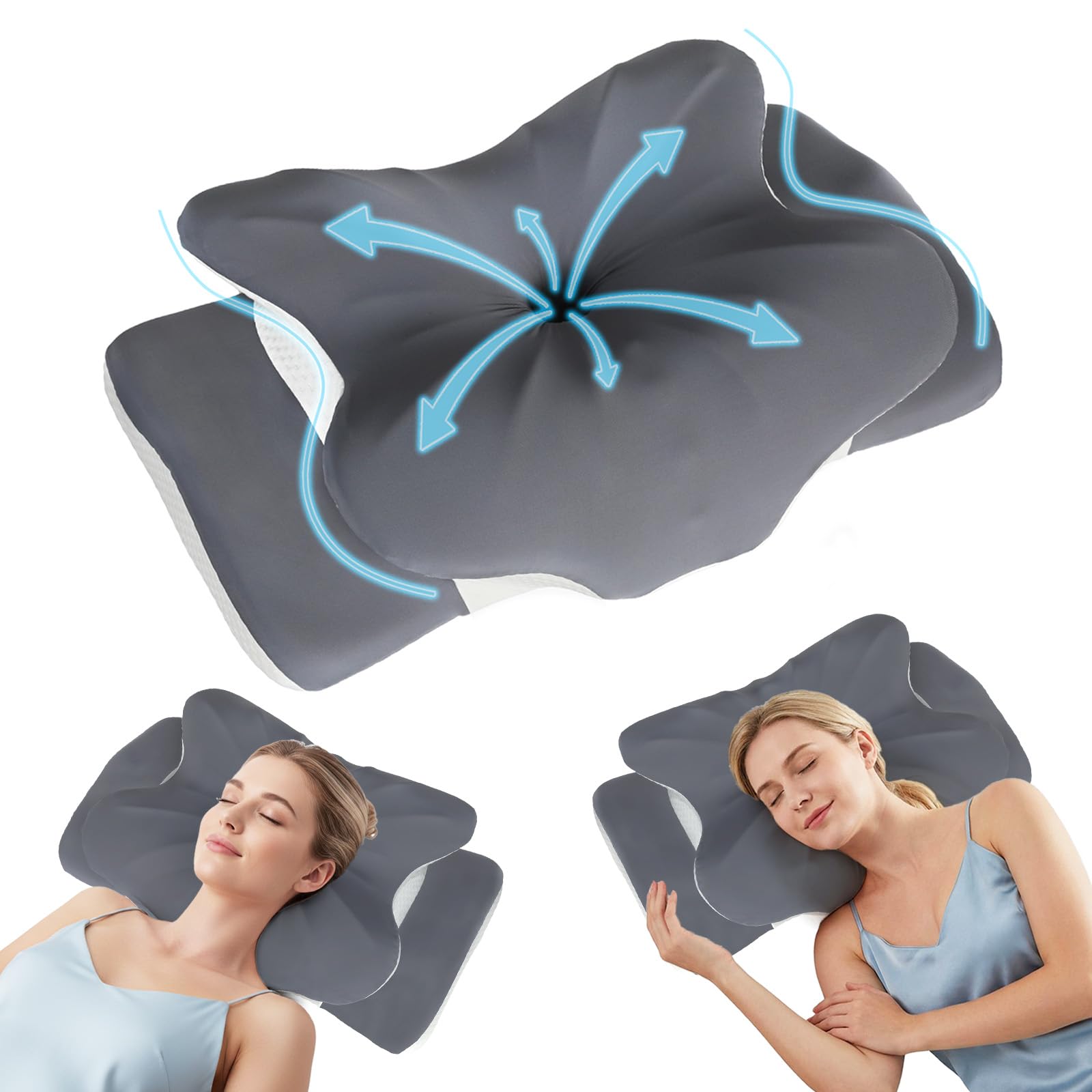 Lavio Dark Grey-P2 Memory Foam Neck Pillow – Orthopaedic Cervical Support For Neck & Shoulder Pain, Butterfly Contour With Armrest Design For Side, Back & Stomach Sleepers
