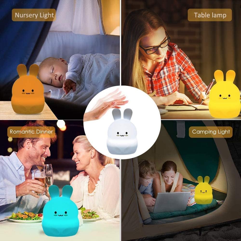 Veilleuse Enfant, lampe de chevet en silicone doux portable multicolore avec contrôle du robinet, éclairage led rechargeable USB cadeau de chambre à coucher/enfant - Lapin