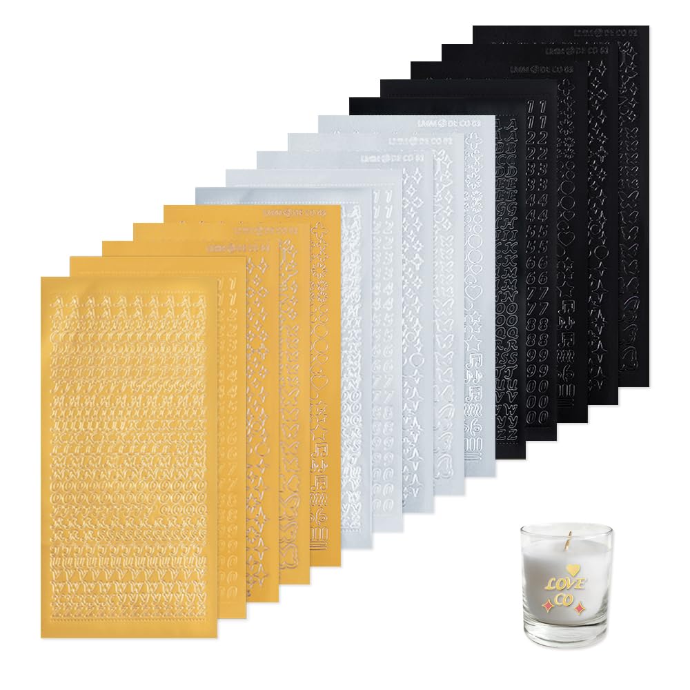 HMCEY 15 Hojas Mini Pegatinas Números y Letras Adhesivas Pequeñas Pegatinas de Letras Alfabeto Doradas Plateadas Negro Decoración Pegatinas de Alfabeto Calcomanías Mariposas Estrella Símbolo