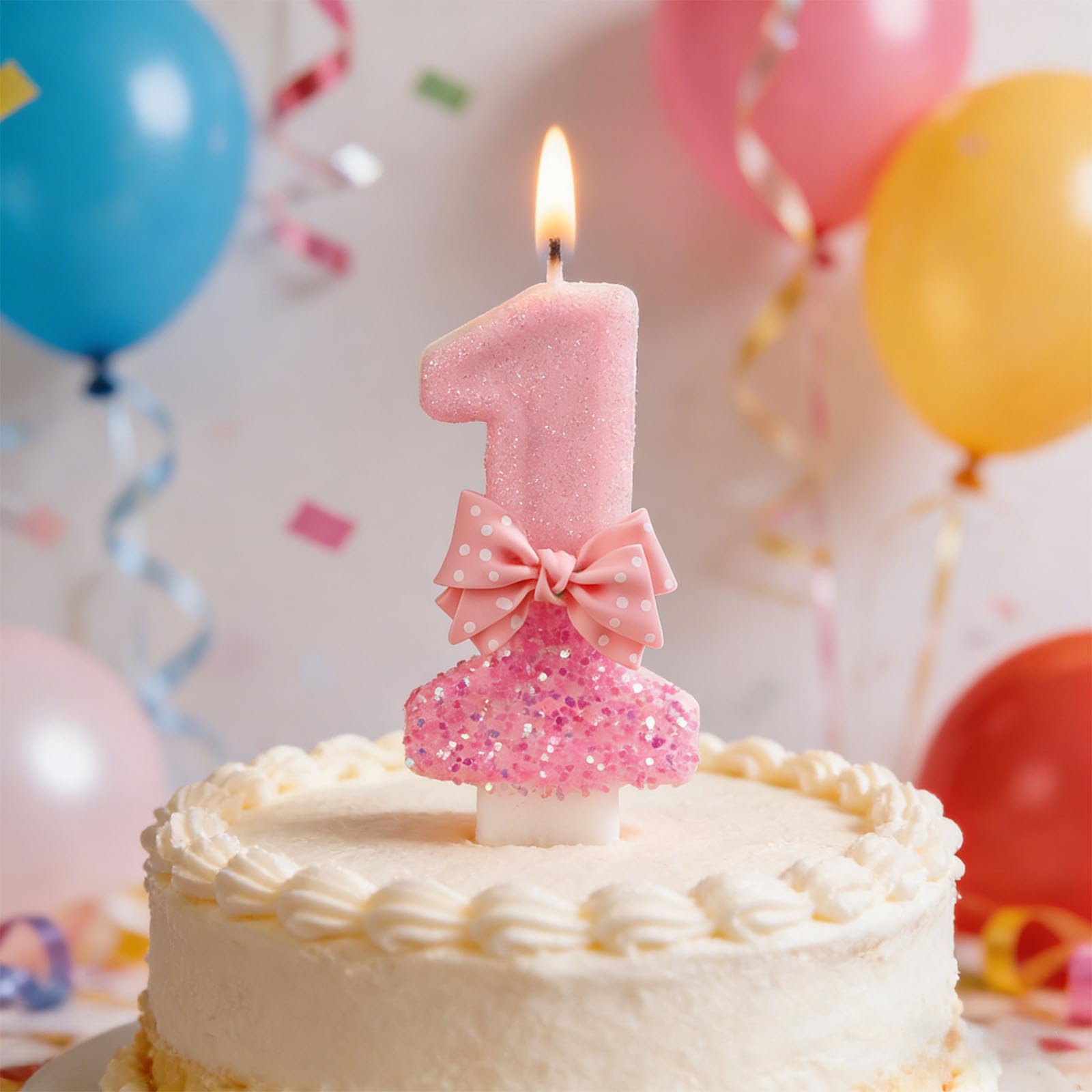 Number 1 Birthday Candle - Pink Gradient with Glitter & Polka Dot Bow for 1st Birthday Party Decorations, Girl's Celebration Cake Topper