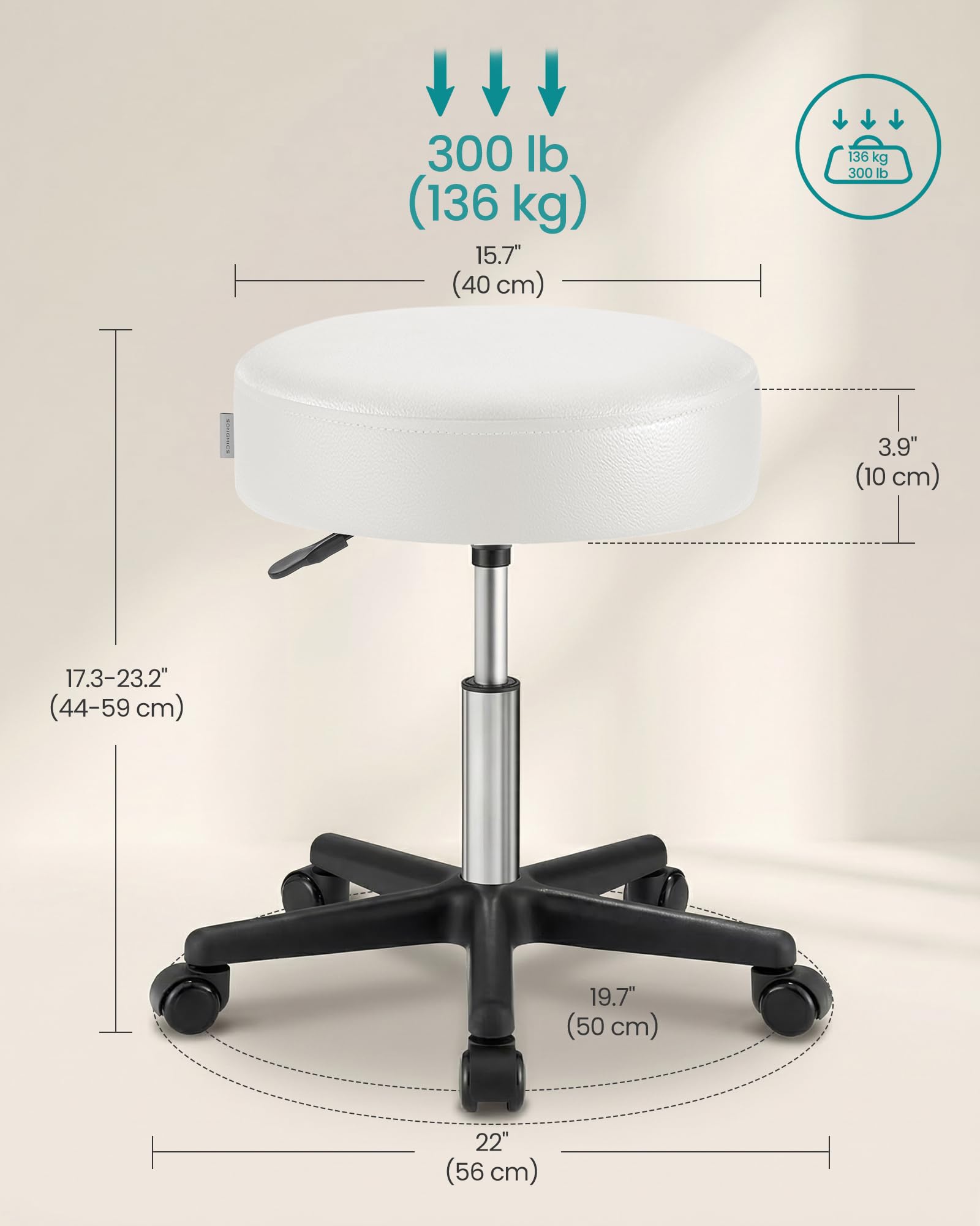 SONGMICS Round Rolling Stool with Wheels, 300LBS Swivel Stools Chair