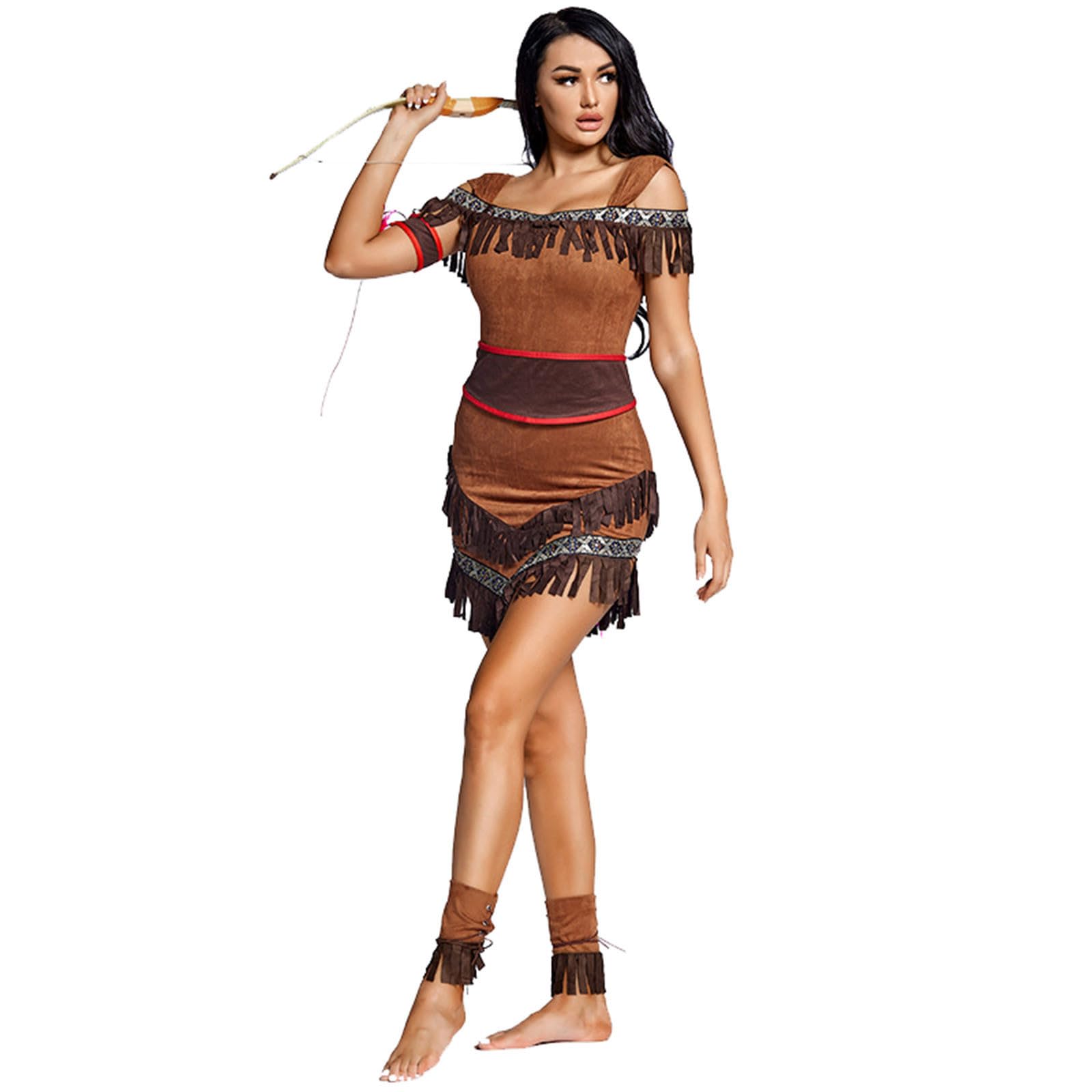 Indianer Kostüm Damen Fasching Wickel Fransenkleid in Wildleder-Optik für Cowgirl Hippie Indianerin 60er 70er Jahre Outfit Faschingskostüm Indianer Karneval Kostüm