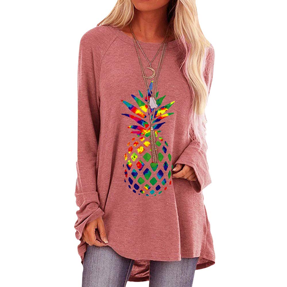 Keepmore Women's Pink Colorful Pineapple Print Long Sleeve Casual Loose T Shirts Plus Size Tunic Shirts Pullover Sweatshirts Tops