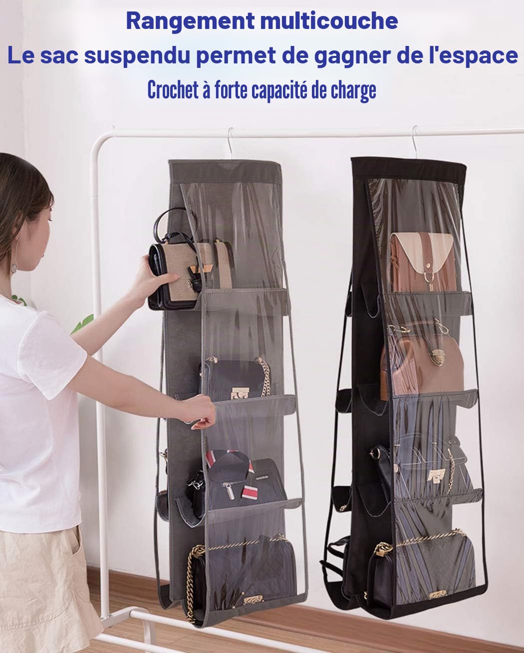 AARAINBOW Organiseur de sac à main en fibre de polyester respirant et PVC, 8 poches accessibles, rangement economisant l'espace pour placard, lavable, 46 L x 13,8 W (D-Rose)