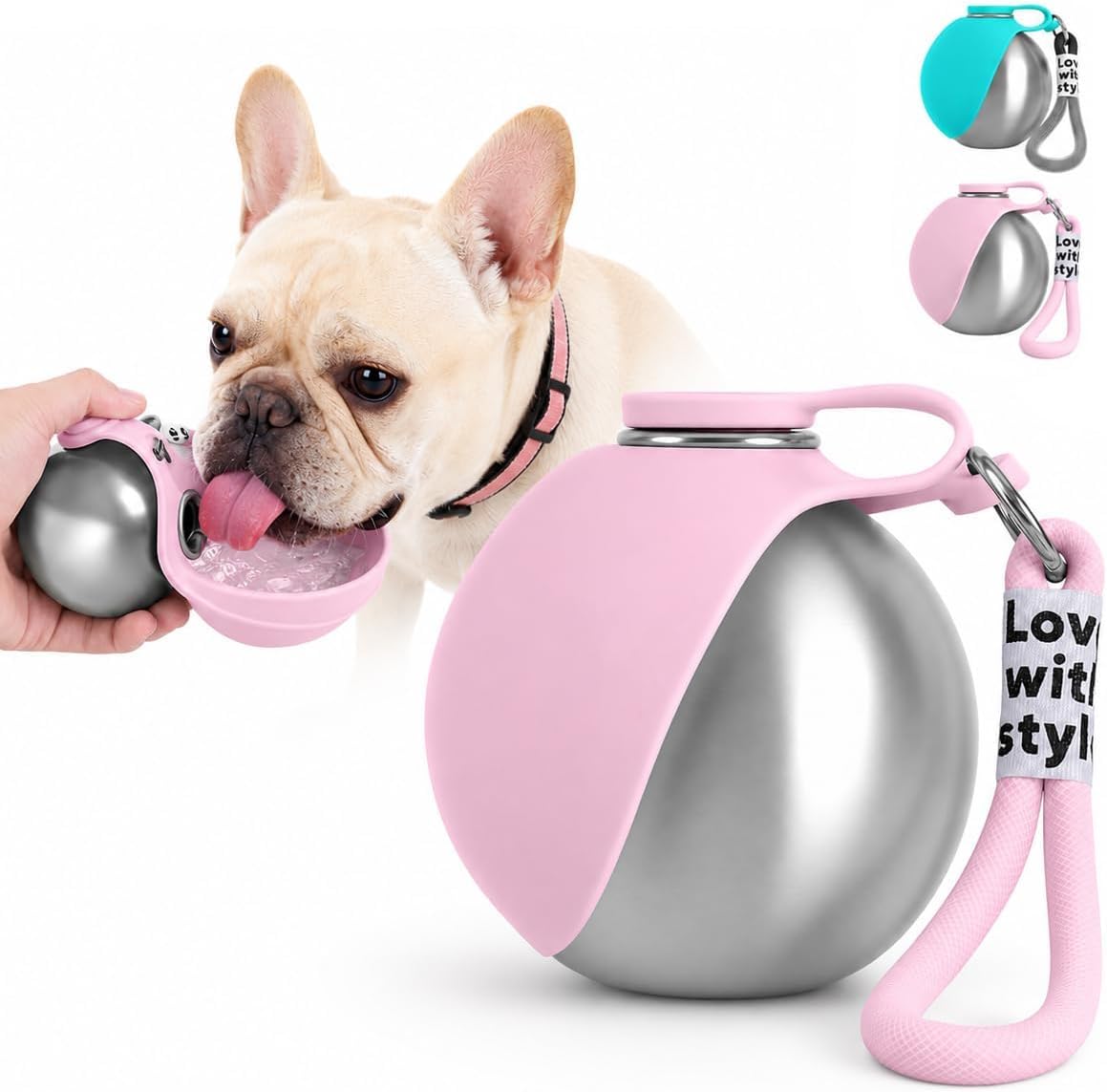 Bebedero Perro portatil. 304 Acero Inoxidable Botella de Agua para Perros 285ml, Antiderrames con Cuenco Plegable de Silicona, para Perros Pequeños y Gatos, Paseos y Camping