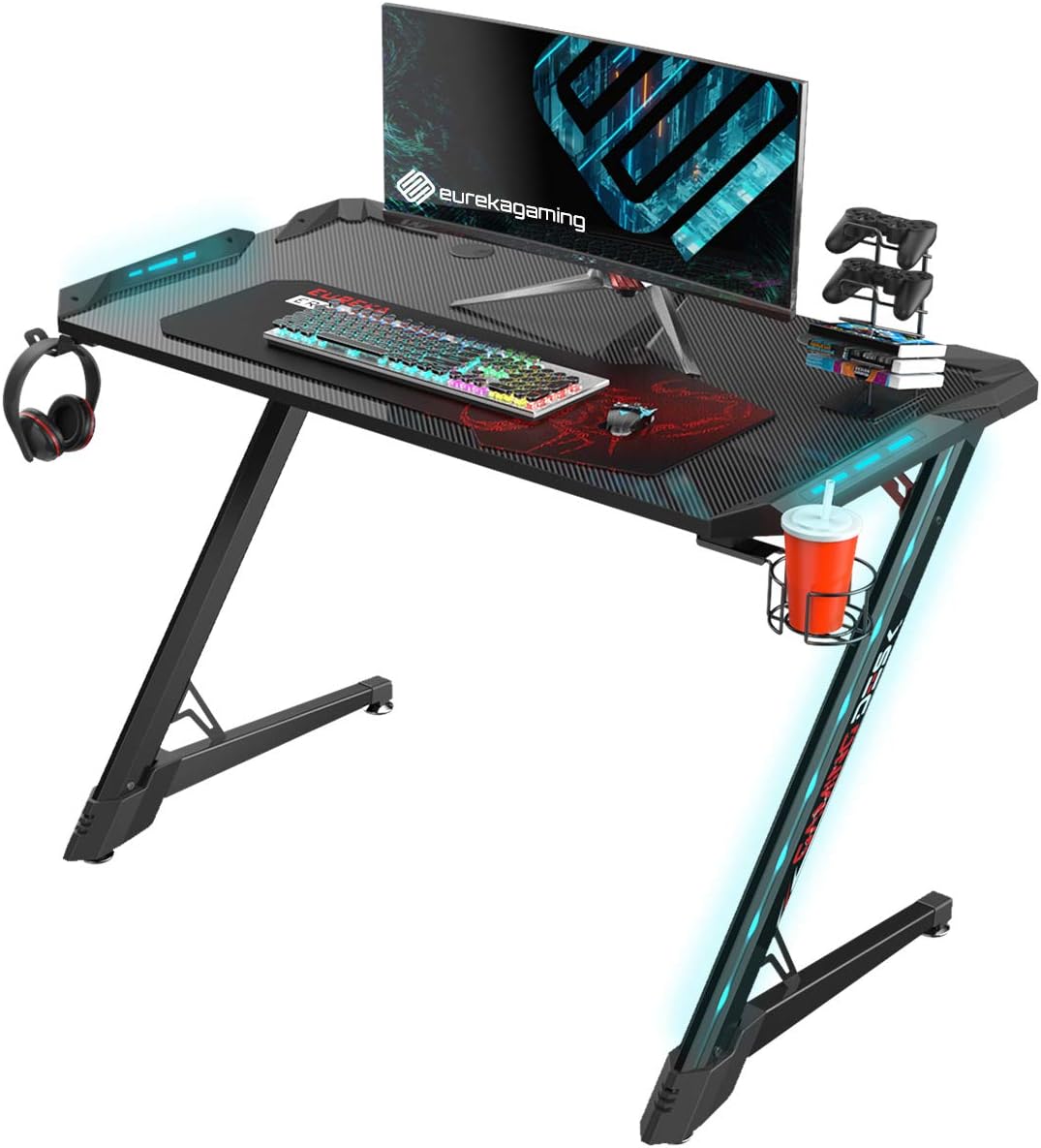 EUREKA ERGONOMIC (Upgraded) Gaming Desk Z1S Pro Gaming Table Gaming Computer Desk Superior PC Gaming Desks with Mouse Pad RGB Lights Cable Management Black