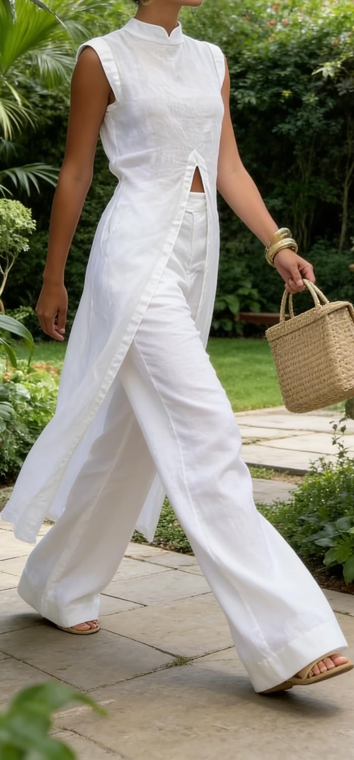 Elegante set da donna in misto lino con scollo alla coreana e spacco frontale e pantaloni larghi in vita elasticizzata Set di abiti estivi 2026