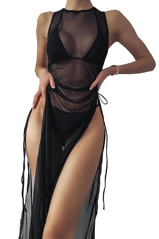 Jumppmile Womens Sheer Mesh Long Sleeve See Through Swimwear Bikini Cover Up Dress