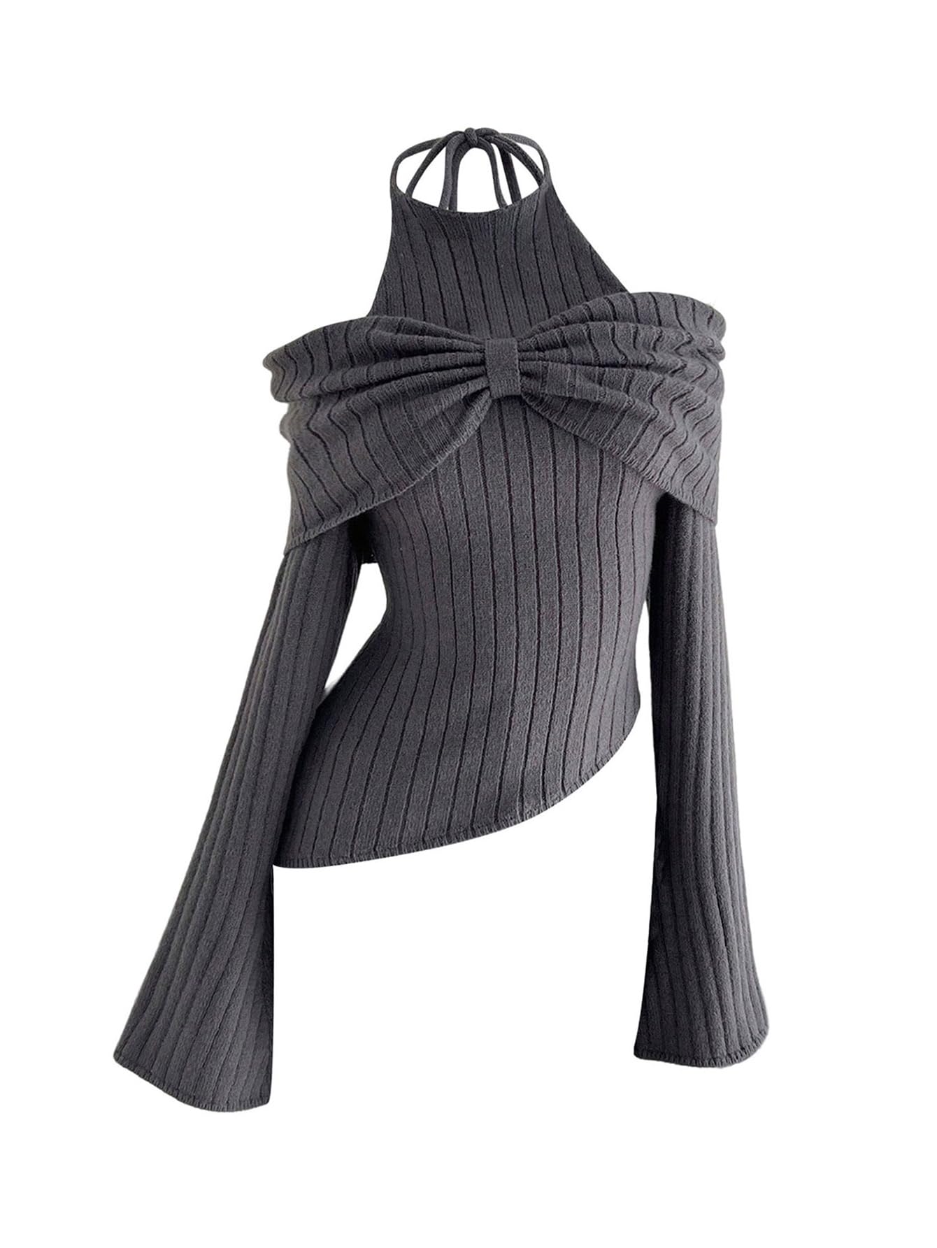 SOLY HUX Womens Cold Shoulder Halter Sweater Long Sleeve Bowknot Fitted Fall Knit Tops