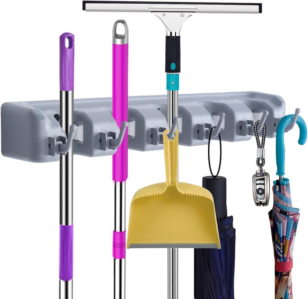 Evedy Mop and Broom Tool Holder Organizer, T56 Multipurpose Wall Mounted Non Slide Storage Hooks Racks and Towels, Keys, Tools Hanger Include Screws for Indoor, Kitchen Garden, Bathroom and Garage