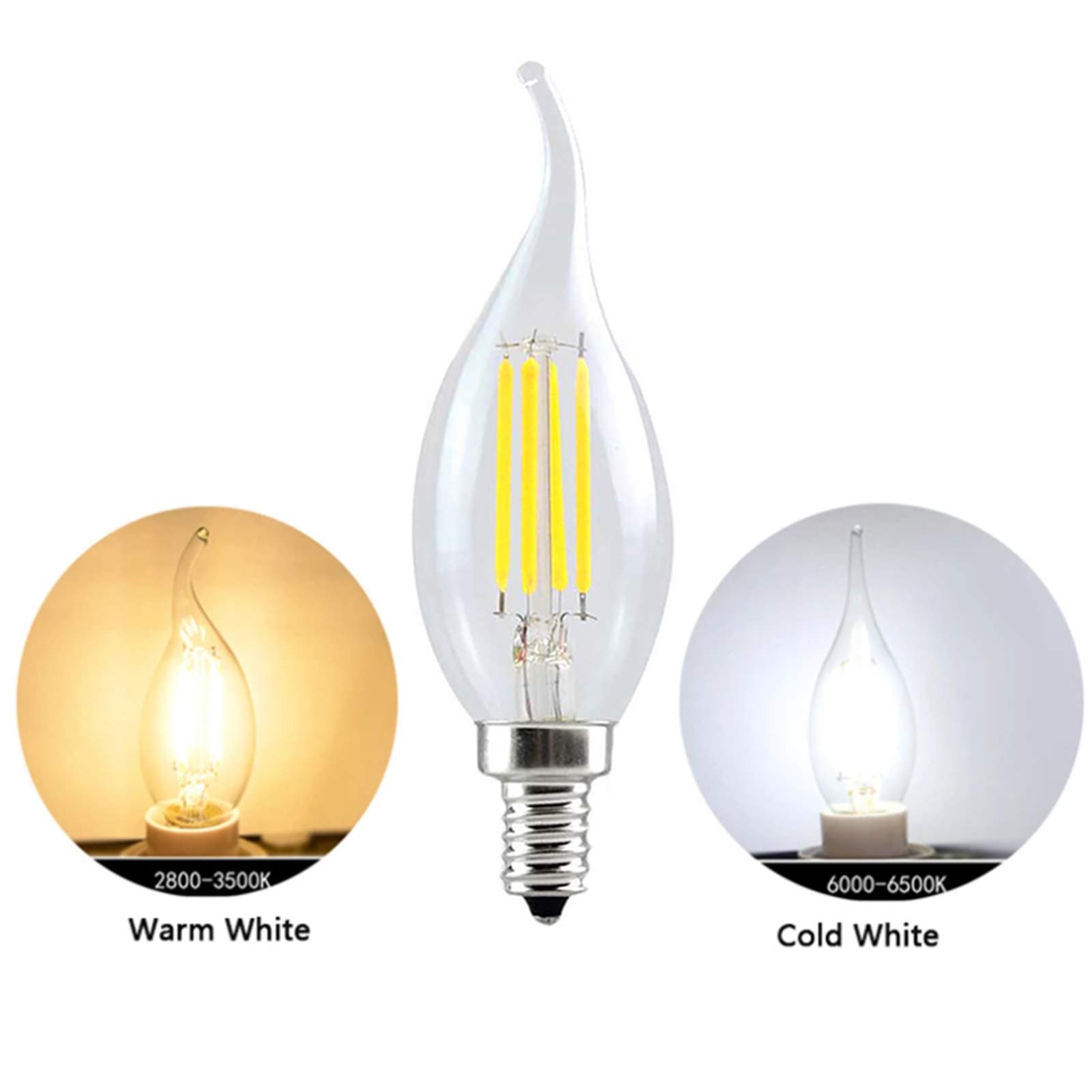 Lampadina a candela con filamento LED BASE C35 in stile europeo 4 W 400Lm Forma FIAMMA con PUNTA piegata 40 W Equivalente a incandescenza dimmerabile 6 pezzi, Bianco freddo