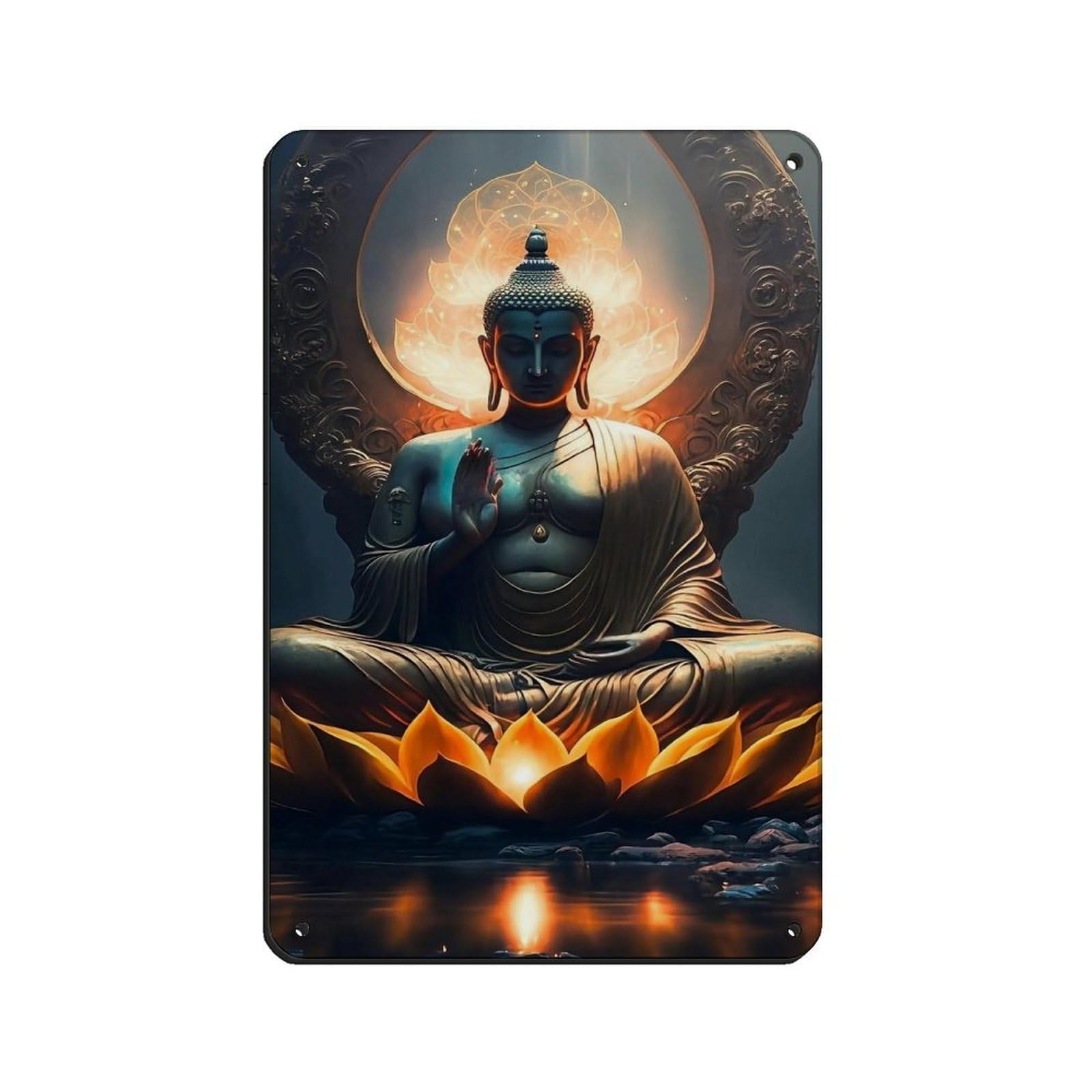 Illuminated Buddha with Lotus And Halo – Zen Retro Poster Metal Tin Sign Chic Art Retro Iron Painting Bar People Cave Cafe Family Garage Poster Wall Decoration 8x12inch(20x30cm)