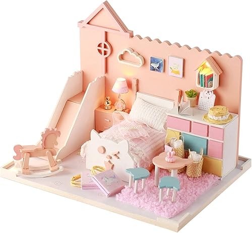 Kit de casa de muñecas de madera, modelo de ensamblaje de artesanía en miniatura con luces LED y muebles, proyecto creativo de bricolaje para