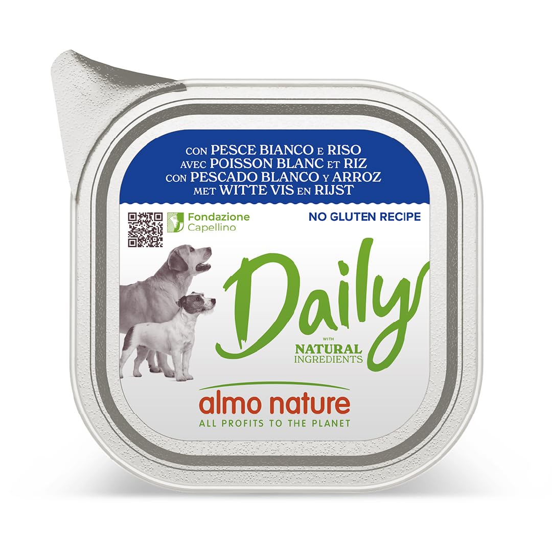 Almo Nature Daily, Alimento Umido per Cani Adulti con Pesce Bianco e Riso - 100g, Confezione da 32