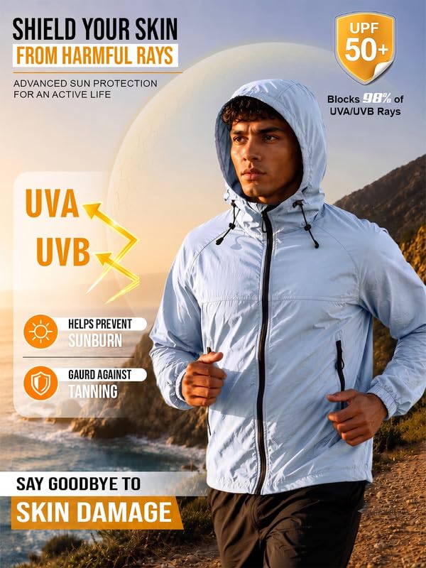 Image of CHKOKKO Sunscreen Jacket For Men With Hood | Advanced Upf 50+ UV Ray Sunblock Sunscreen | Water-repellent Lightweight Nylon Cooling Quick Dry Fabric | Sports Cycling Travel & Dailywear