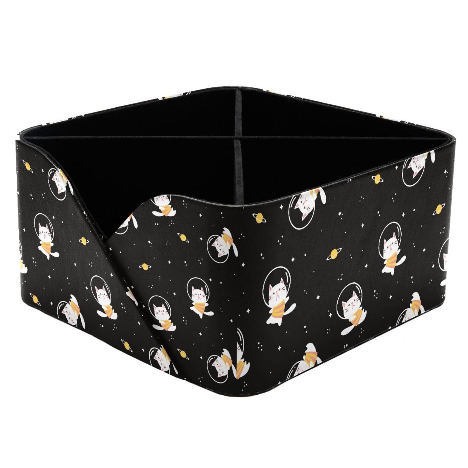 KengjuTesu Cartoon Cat Floating in the Space Area with Star Pattern Desktop Organizer Pen Holder, Rectangular Pencil Cup for Office, Study and Makeup Stations