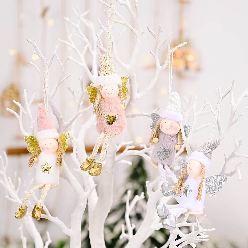4 Ornamenti Angeli In Peluche Per Albero Di Natale – Decorazioni Appese Con Cappello A Maglia, Morbide Bambole - 2