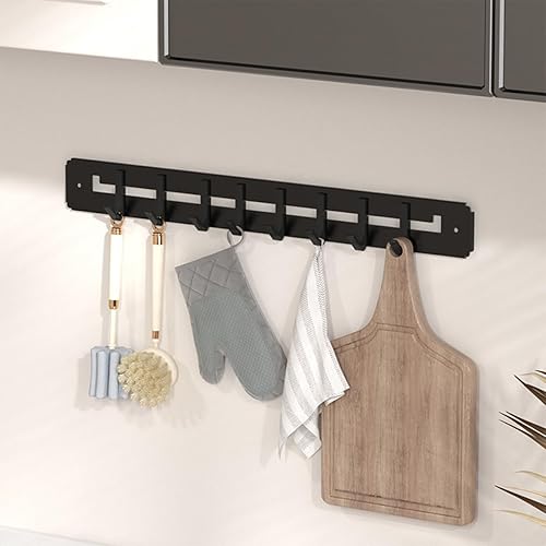 Estante ajustable para utensilios de pared, metal negro, 8 ganchos móviles, 17.32 x 1.85 pulgadas, para cocina, almacenamiento de baño