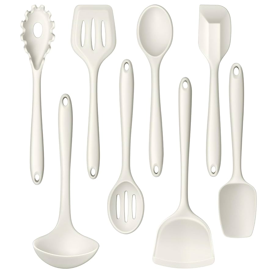 LIANYU 8Pcs Kitchen Cooking Utensils Set, Silicone Utensil Sets, Heat Resistant Kitchen Gadgets Essentials for Nonstick Cookware with Spatula, Spoon, Tuner, Ladle, Dishwasher Safe, White