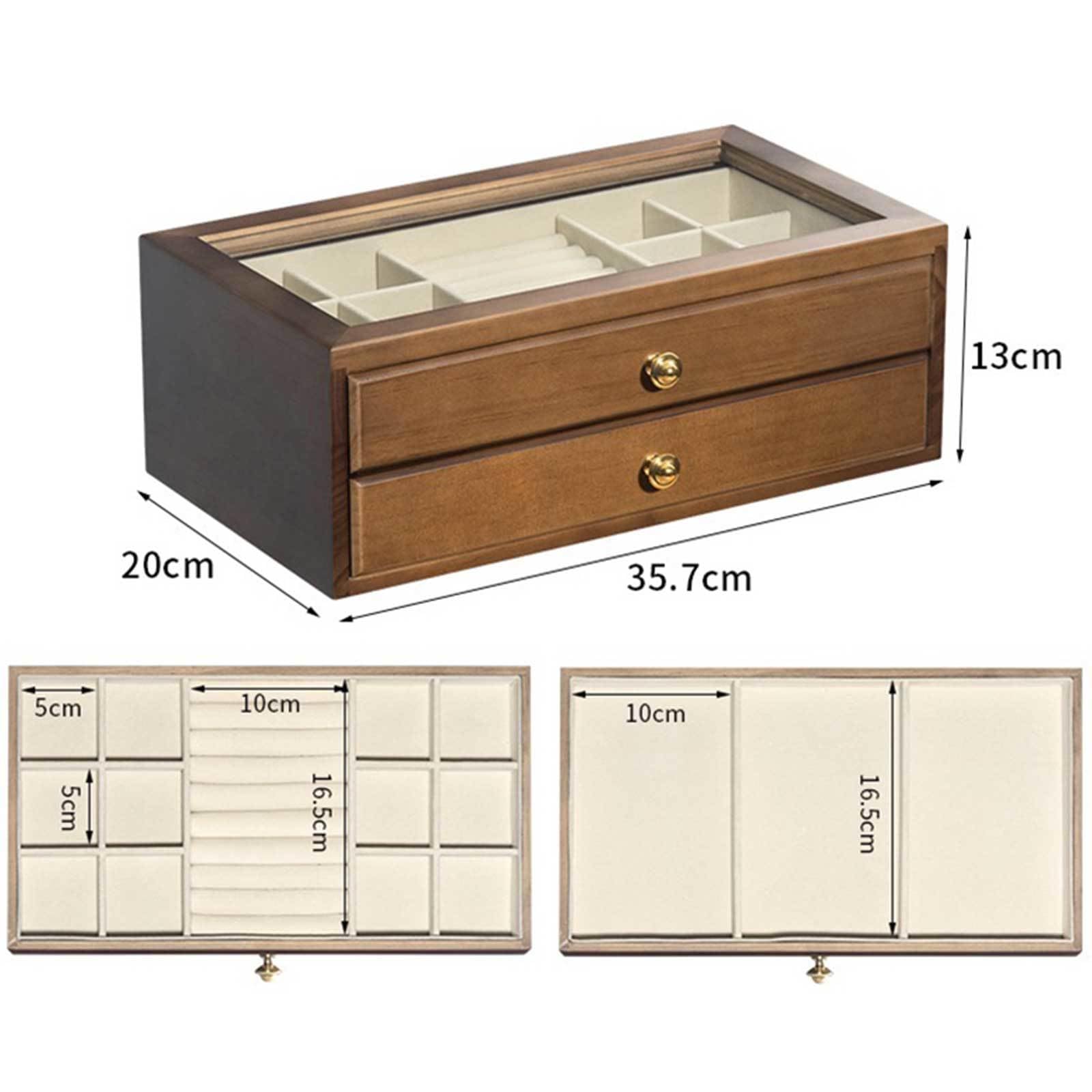 Joyero de madera, organizador vintage con tapa de cristal transparente, estuche de almacenamiento rústico de dos capas para anillos, collares y broches
