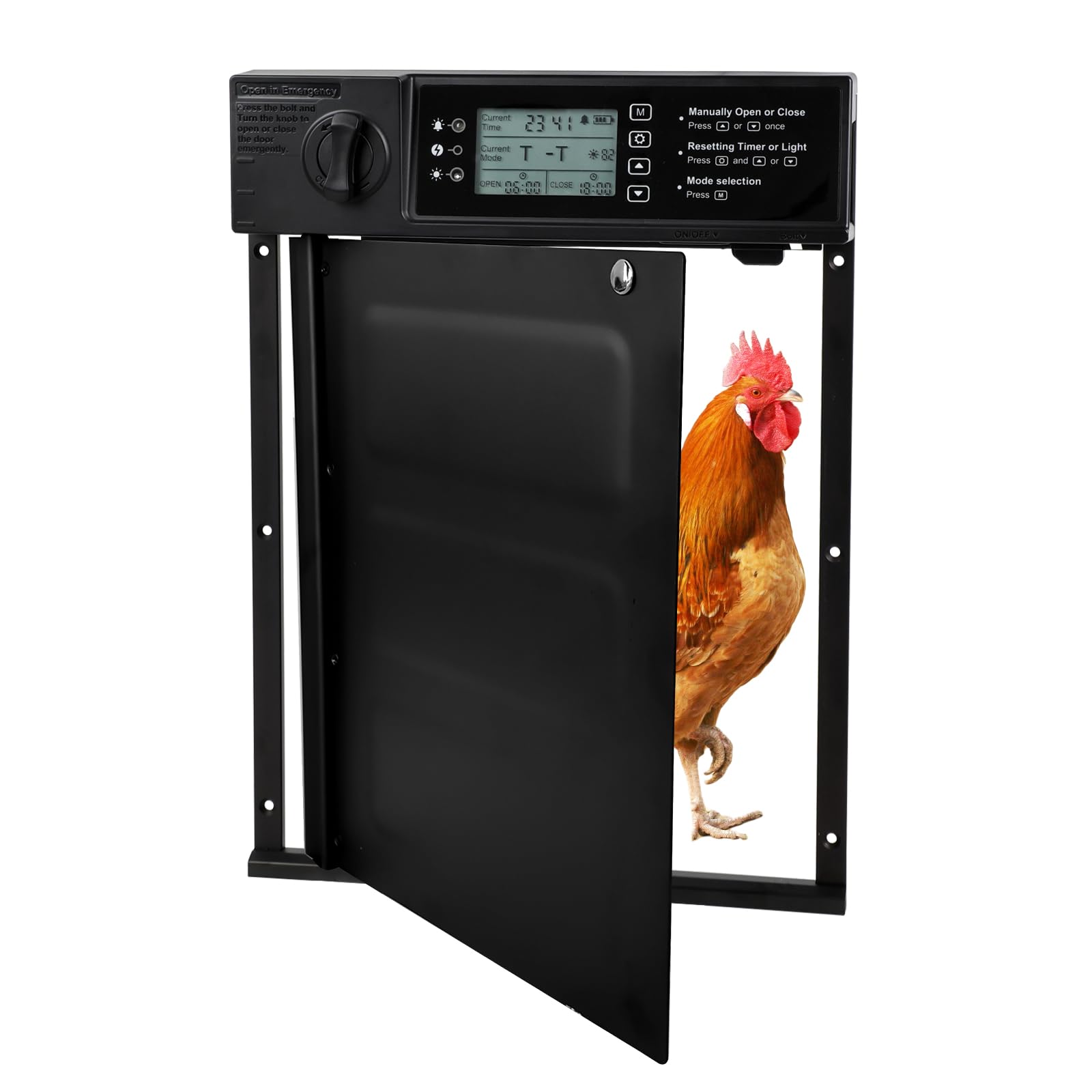 Seutgjie Solar Powered Automatic Chicken Coop Door Waterproof with Anti-Pinch Design Light Sensor Alarm Function Timer Manual Remote Control Modes for Chicken House with Low Battery Warning
