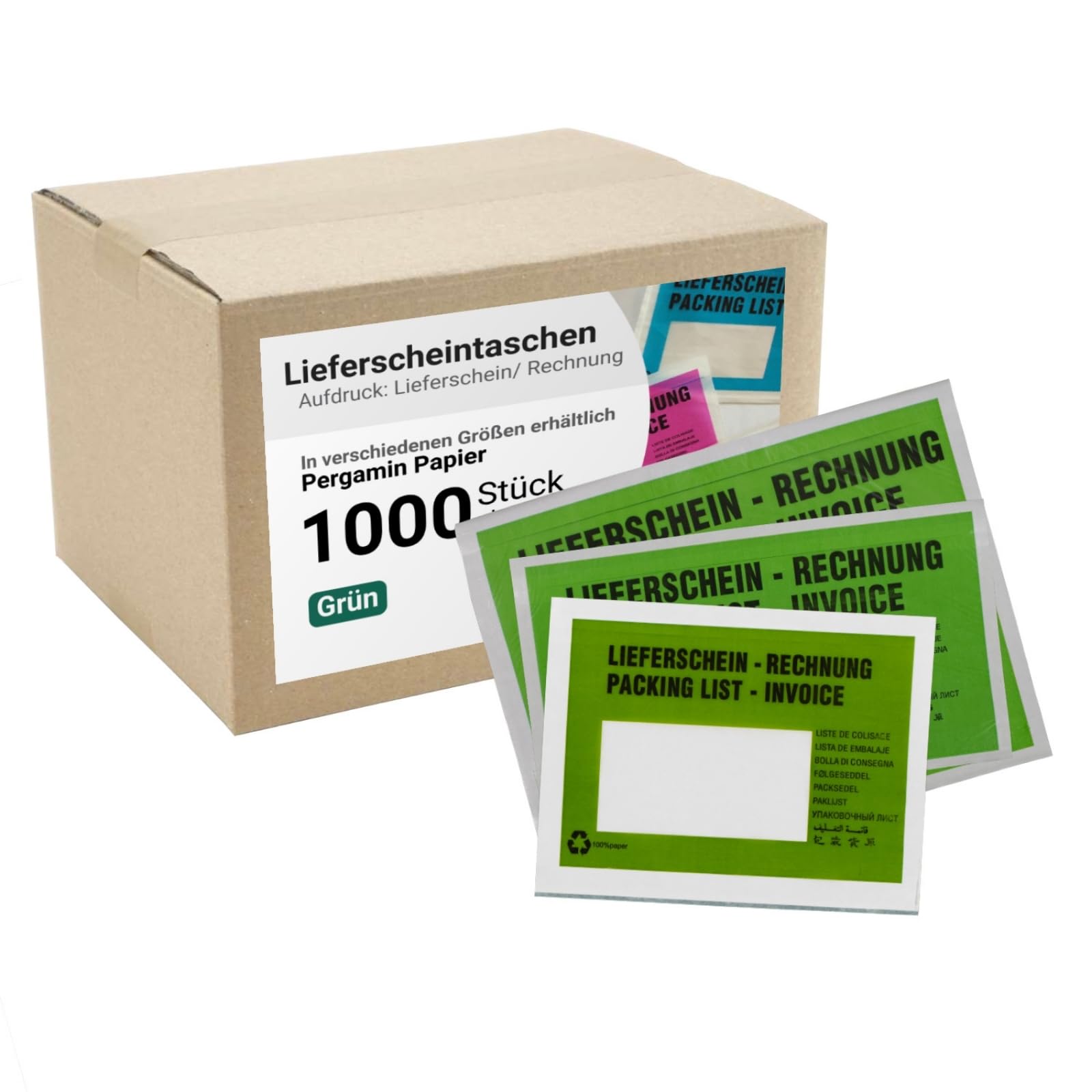 dm-folien Lieferscheintaschen DIN LANG I 1000 Stück I Selbstklebende Versandtaschen mit Aufdruck I Grüne Versandunterlagen für Lieferscheine & Rechnungen I Versandzubehör aus Pergamin-Papier